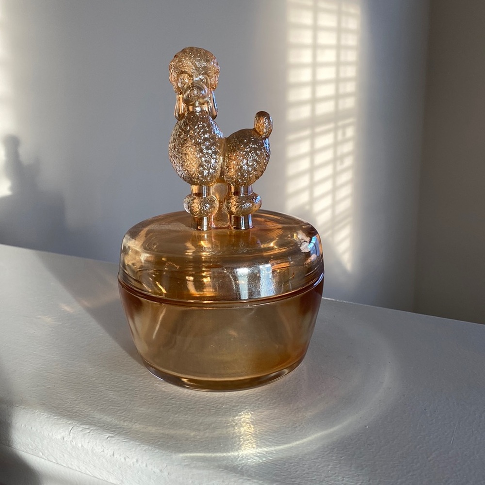 Vintage Jeanette Carnival Glass Covered Poodle Candy Dish